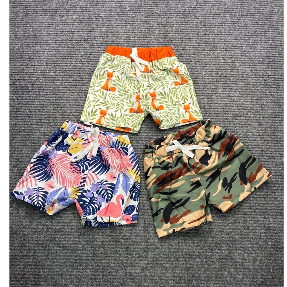 Baby 6-12M Shorts Swim Set 3 Pk Fox Camo Flamingo Print Elastic Waist Casual
